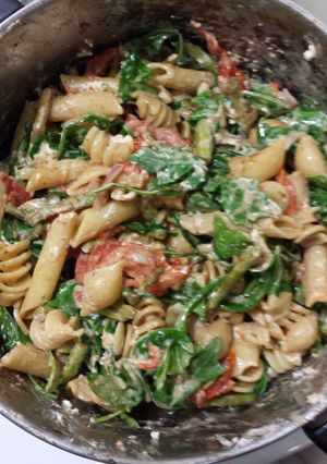 A picture of Roasted Asparagus and Cherry Tomato Penne Pasta with Goat Cheese.