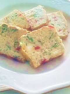 A picture of Okara Cake Salé with Mushroom and Tuna.