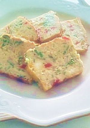 A picture of Okara Cake Salé with Mushroom and Tuna.