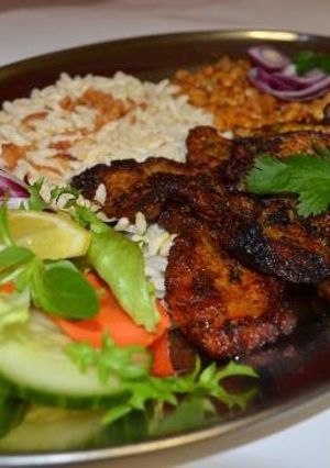A picture of Pan Fried Mutton with Puffed Rice. | Mutton Tass Set.