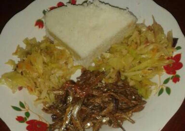 Ugali with cabbage and omena