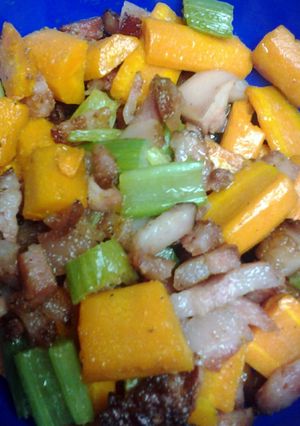 A picture of carrots,celery, and hog jowls.