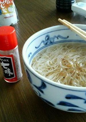 A picture of Nyuumen (Somen noodle soup).