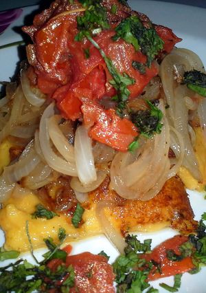 A picture of Griddled Polenta cakes with saffron and tomato relish.
