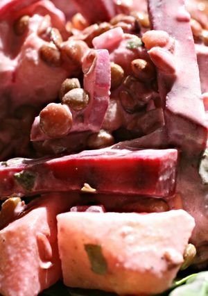 A picture of Sig's Beetroot, Apple, Lentil and Herring Salad.