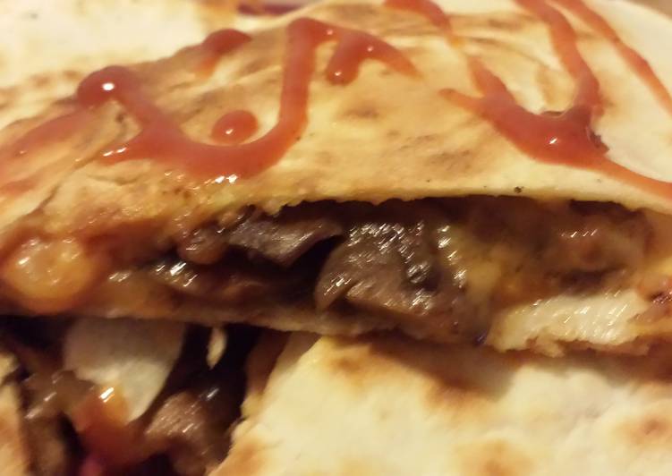 Simple Way to Prepare Super Quick Homemade Cheesy steak and  mushroom Quesadilla