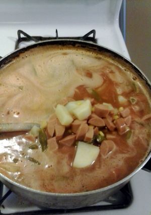 A picture of hotdog soup.