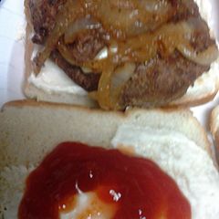 sirloin burgers with caramelized onions A picture of sirloin burgers with caramelized onions.