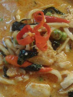 A picture of Thai chicken red curry with bamboo shoot..