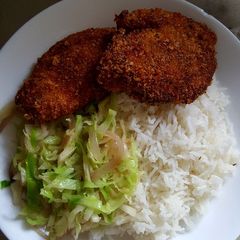 A picture of Breadcrumb Chicken Cabbage and Rice.