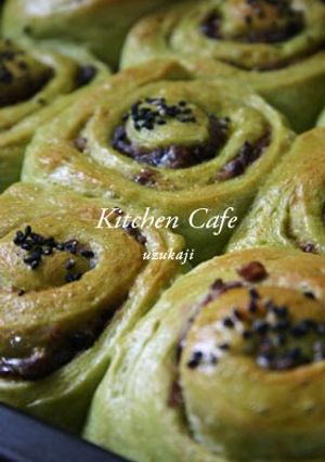 A picture of Green Tea Spiral Rolls with Adzuki Beans.