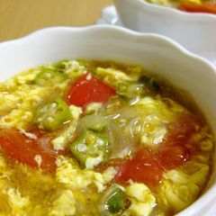 A picture of Hot and Sour Soup with Tomato, Okra, and Bean Thread Noodles.