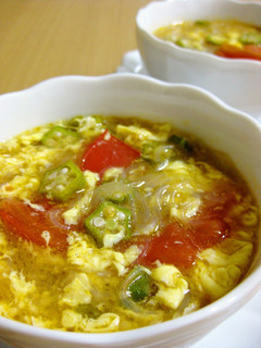 A picture of Hot and Sour Soup with Tomato, Okra, and Bean Thread Noodles.