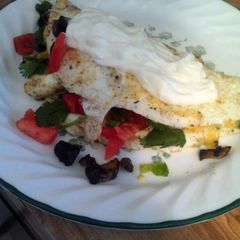 A picture of egg white, fresh tomato and cilantro omelet.