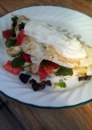 A picture of egg white, fresh tomato and cilantro omelet.