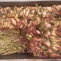 A picture of Roasted Chicken and Potatoes with Asparagus.