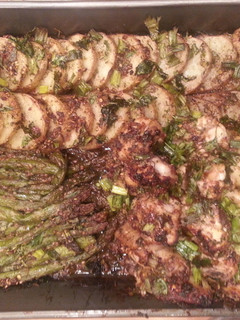 A picture of Roasted Chicken and Potatoes with Asparagus.