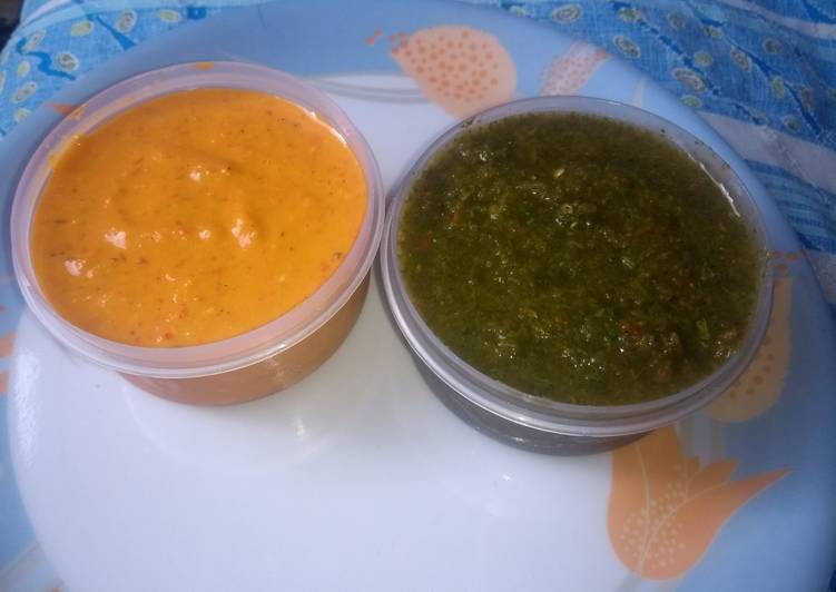 Red tomato and green chutneys