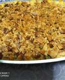 Bacalhau gratinado com legumes e broa