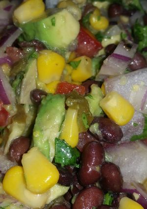 A picture of Black bean corn salad with hatch green chile.