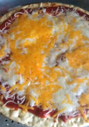A picture of 3 cheese pizza.
