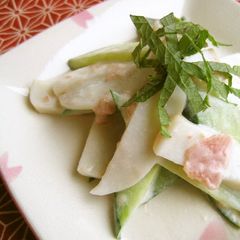A picture of Kamaboko and Cucumber ＊ Tossed in Umeboshi Mayonnaise Sauce.