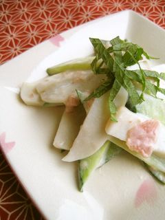 A picture of Kamaboko and Cucumber * Tossed in Umeboshi Mayonnaise Sauce.
