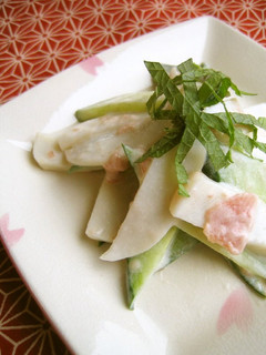 A picture of Kamaboko and Cucumber * Tossed in Umeboshi Mayonnaise Sauce.