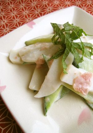 A picture of Kamaboko and Cucumber ＊ Tossed in Umeboshi Mayonnaise Sauce.