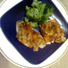 A picture of Flounder and/or Salmon topped with shrimp and crab mixture..