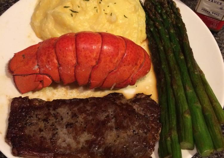 My Grandma Love This Thin cut New York strip with lobster and asparagus