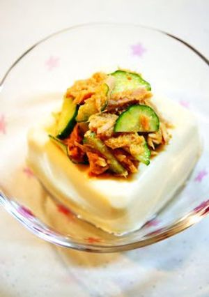 A picture of Hot and Spicy Chilled Tofu with Tuna and Cucumber.