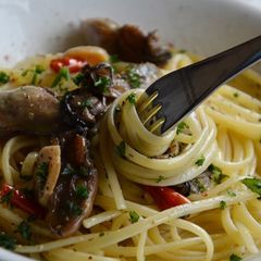 A picture of Pasta With Oysters Marinated in Olive Oil.