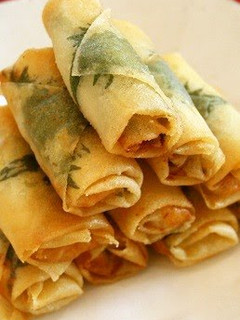 A picture of Chicken Tender, Shiso and Mentaiko Spring Rolls.