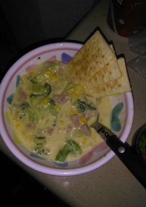 A picture of Velveeta & ham broccoli soup.