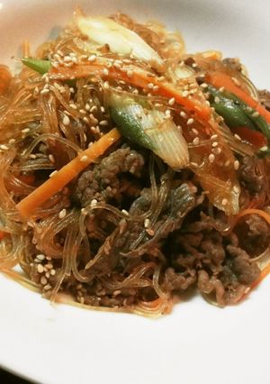A picture of Japchae (Korean Cellophane Noodle Stir-fry).