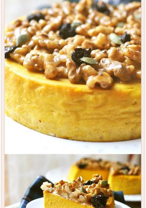 A picture of Kabocha Squash Cheesecake with Caramelized Walnuts.