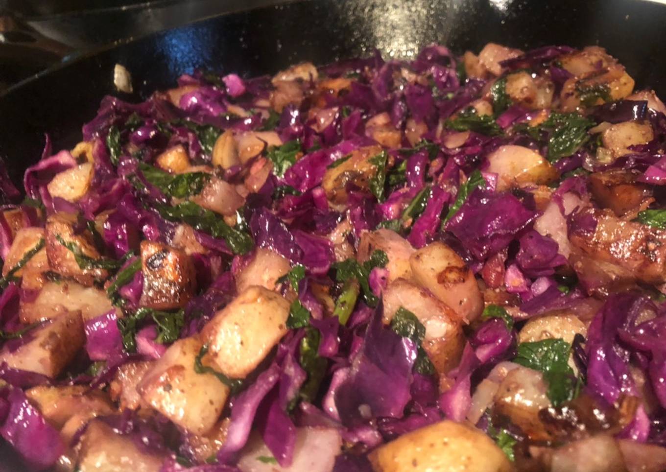 Sautéed Red Cabbage, Collard Greens and Potatoes