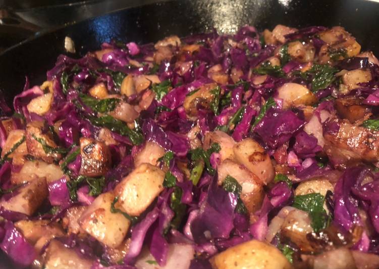 Steps to Make Super Quick Homemade Sautéed	Red Cabbage, Collard Greens and Potatoes