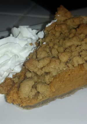 A picture of Pumpkin Pie with Maple Crumb Topping.