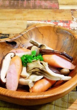 A picture of Steamed Wiener Sausages and Mushrooms.