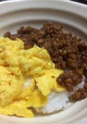 A picture of Two-Colored Fluffy Scrambled Egg and Tofu Soboro Rice Bowl.