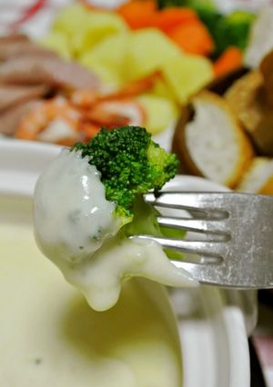 A picture of Hot Milk Cheese Fondue with Mochi Cakes.