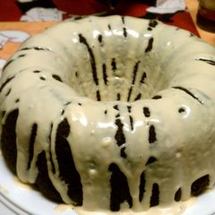 A picture of To much chocolate cake with caramel icing.