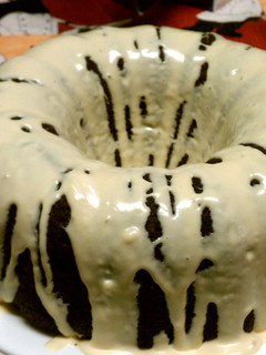 A picture of To much chocolate cake with caramel icing.