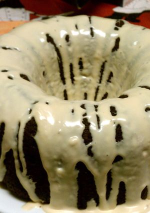 A picture of To much chocolate cake with caramel icing.