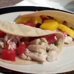 A picture of Fish Tacos with Mango Salsa.
