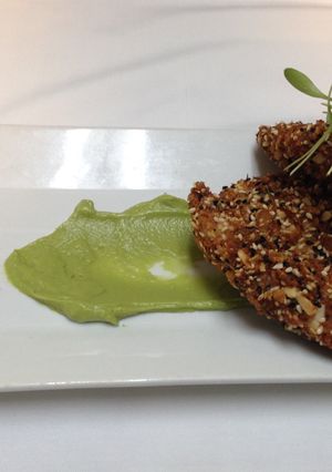 A picture of crunchy spicy grouper with avocado puree and chipotle aioli.
