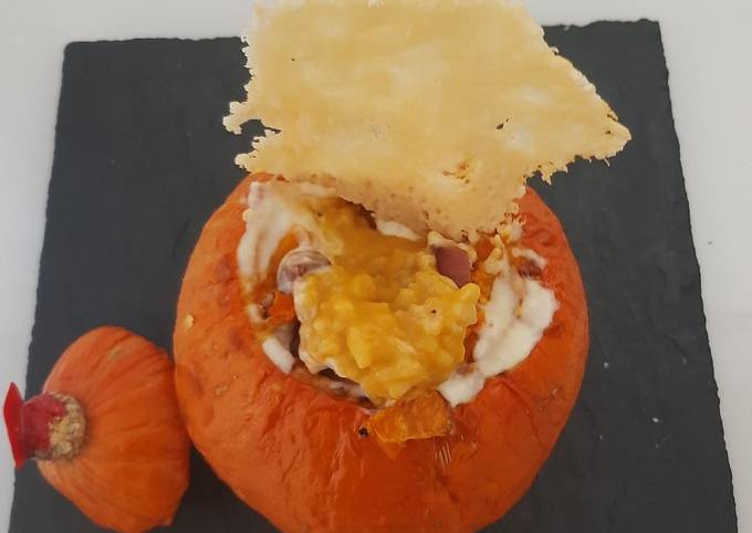 Ricetta di Fatto in casa super veloce Risotto con zucca, fonduta di Castelmagno e speck