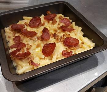 Without Fail Serving Recipe Mac n Cheese topped with crispy salami Delicious Perfect